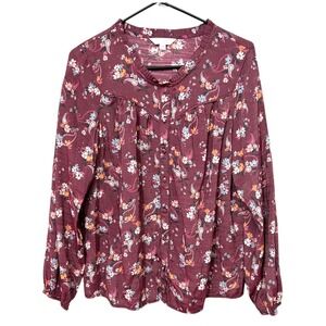 Boho Floral Paisley Button Front Blouse M Burgundy Ruffle Neck Cottagecore Indie